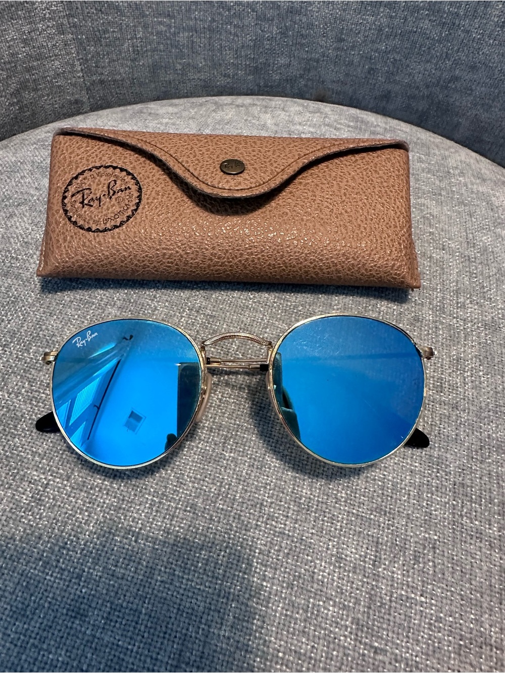 Ray-Ban Gold Frame Sunglasses with Blue Mirrored Lenses